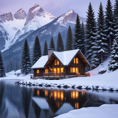 Winter cabin by the lake