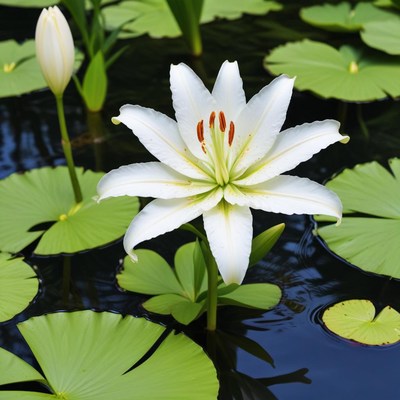 Stunning white lily on serene pond