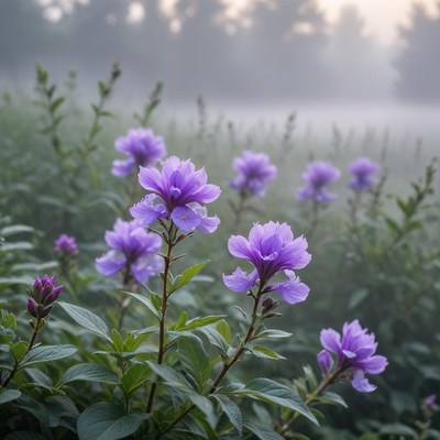 Morning mist over purple flowers
