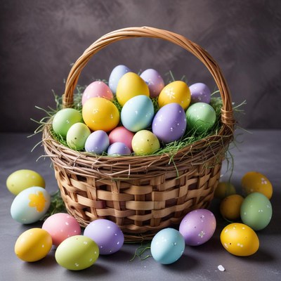 Brightly colored easter eggs in basket