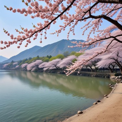 Beautiful cherry blossoms by the lake