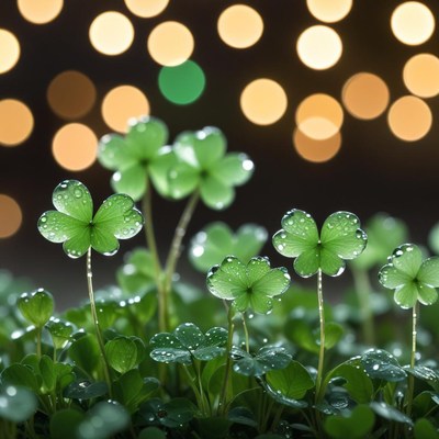 Fresh green clovers with bokeh lights