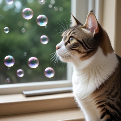 Cat watching bubbles outside