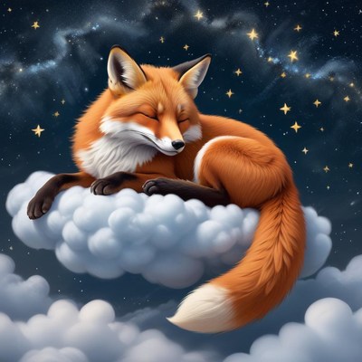 Sleeping fox on a cloud at night