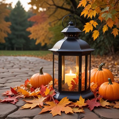 Lantern and pumpkins in autumn