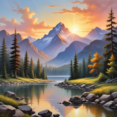 Sunset over serene mountain lake