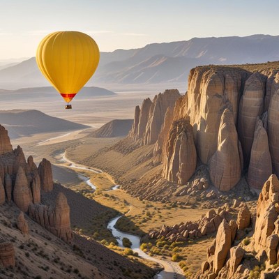 Hot air balloon over canyon landscape