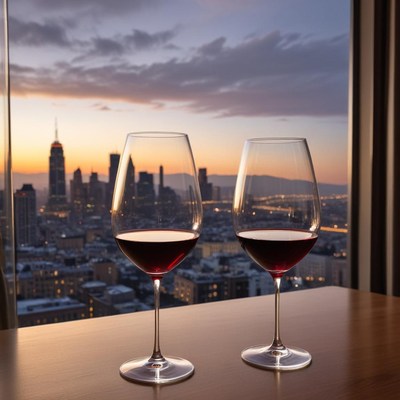 Red wine with sunset view over city