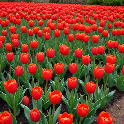 Vibrant red tulip field in bloom