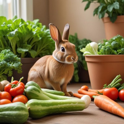 Rabbit among fresh vegetables in garden