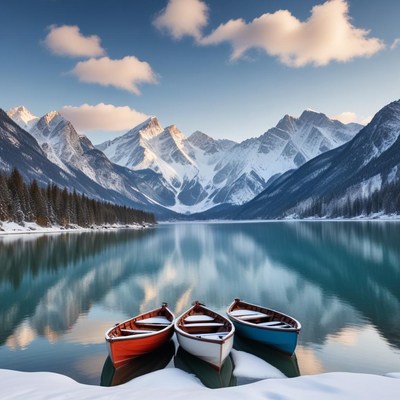 Scenic mountain lake with boats