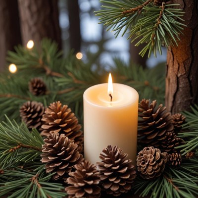 Candle surrounded by pinecones