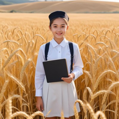 Girl in wheat field with tablet