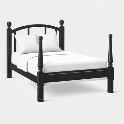 Black wooden bed with white bedding