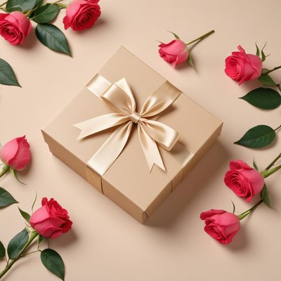 Pink roses and gift box arrangement
