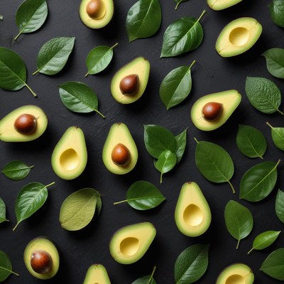 Fresh avocado halves with leaves arranged