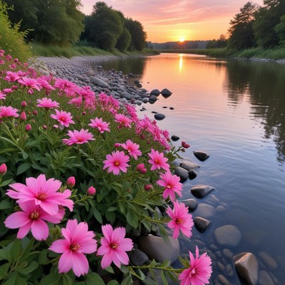 Sunset by the flowering riverbank