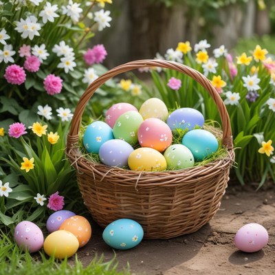 Colorful eggs in garden basket