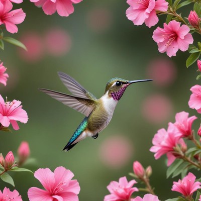 Hummingbird in blooming flowers