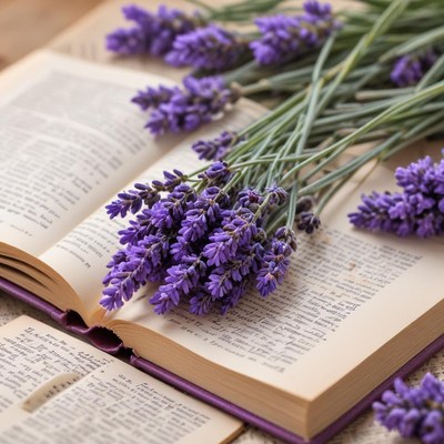 Lavender bouquet on open book