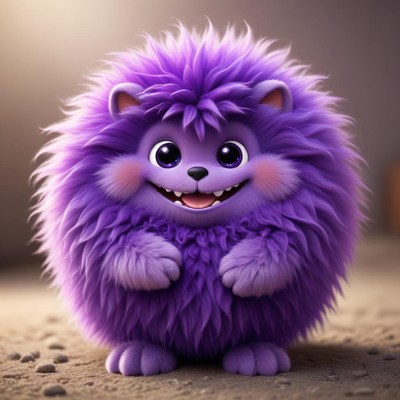 Cute purple fluffy creature smiles joyfully