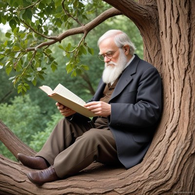Elderly man reading in tree