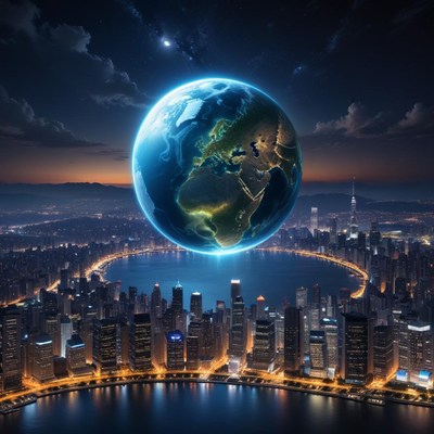 City skyline with glowing earth above