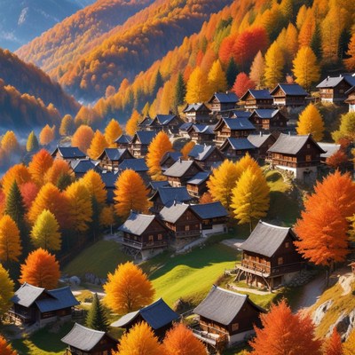 Autumn village surrounded by colorful trees