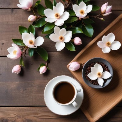 Enjoying coffee with blooming flowers