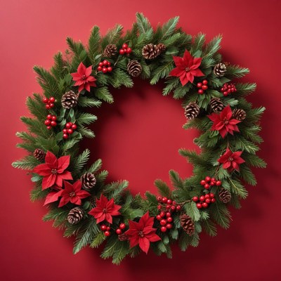Holiday wreath with red flowers and pinecones