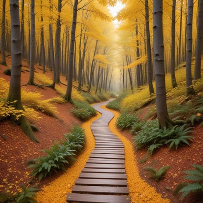Autumn path through golden forest