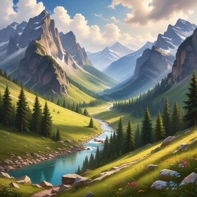 Serene mountain valley with river