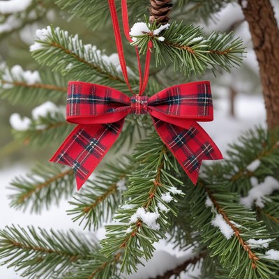 Festive red bow on pine tree