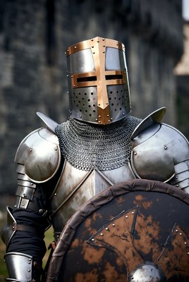 Knight in armor stands boldly