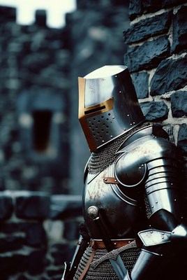 Knight in shining armor outside fortress