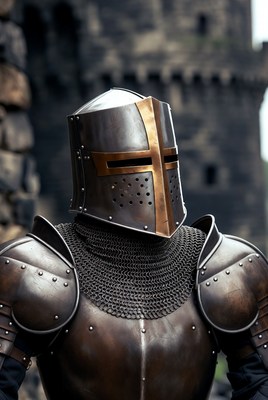 Knight in armor stands near castle