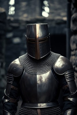 Knight in armor stands in ruins