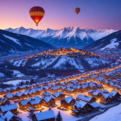 Scenic hot air balloons over snowy mountains