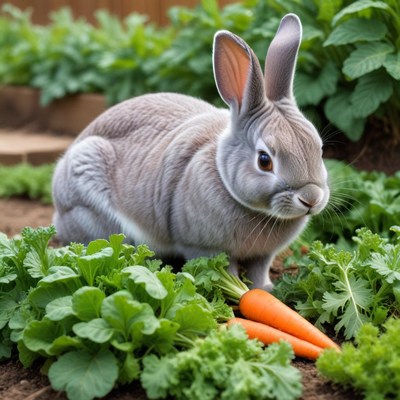 Rabbit enjoying carrots in garden