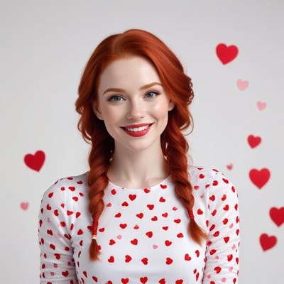 Smiling woman with red hair and hearts