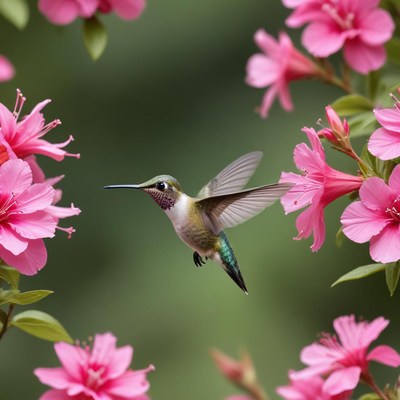 Colorful hummingbird hovering near pink flowers