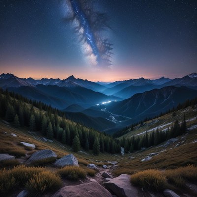 Night sky over mountain valley