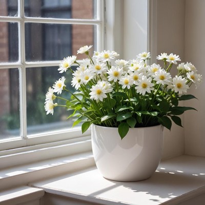 Daisies blooming in window sunlight