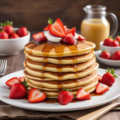 Stacked pancakes with strawberries and syrup