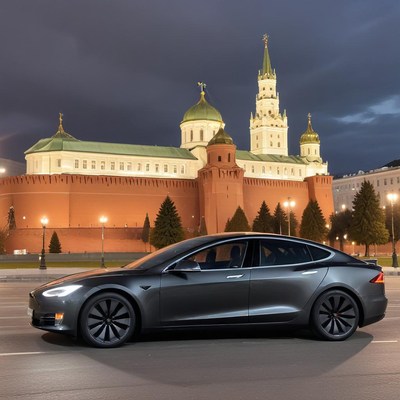 Tesla parked near kremlin at dusk