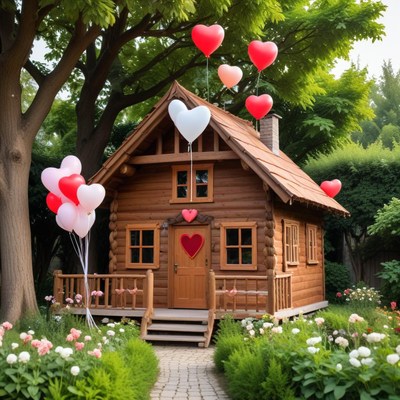 Heart-themed log cabin celebration