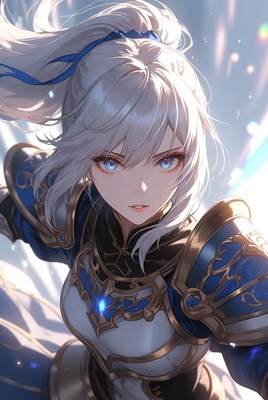 Warrior in shining armor with silver hair