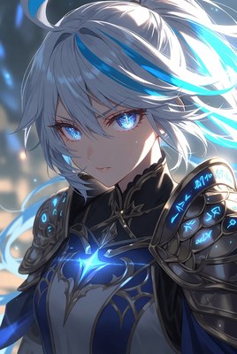 Epic warrior with blue hair and armor