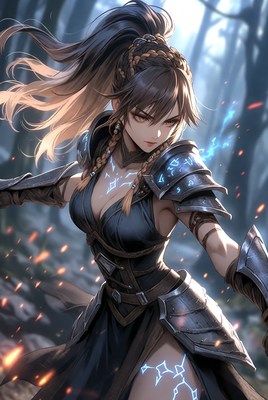 Warrior in a mystical forest scene