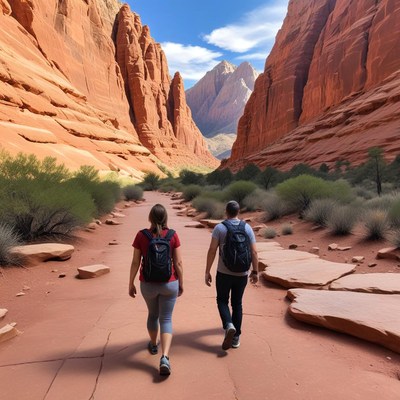 Couple hiking in stunning red canyon